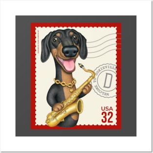 Funny Doxie playing Sax on vintage postage stamp Posters and Art